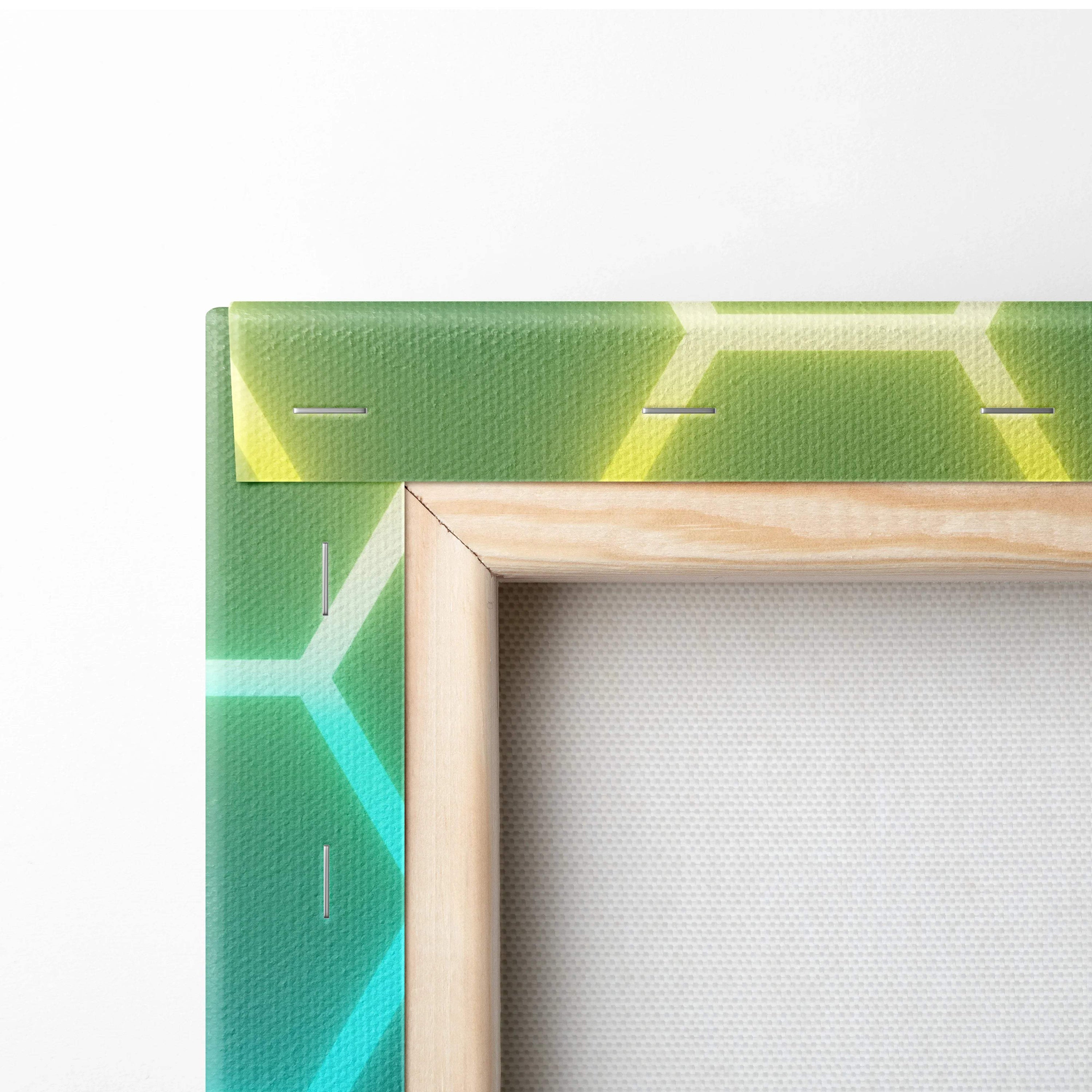 Neon hexagon honeycomb canvas wall art in light wood frame with green yellow border