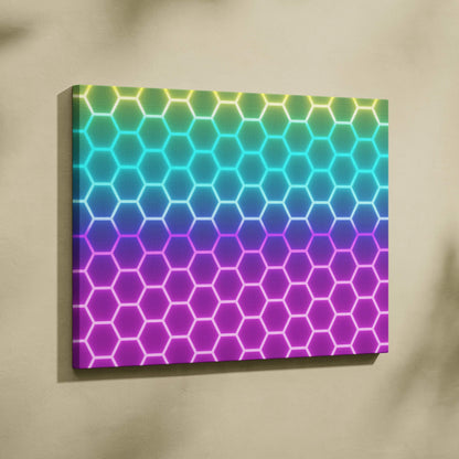 Vibrant neon hexagon honeycomb canvas wall art in glowing cyan blue purple pink gradient