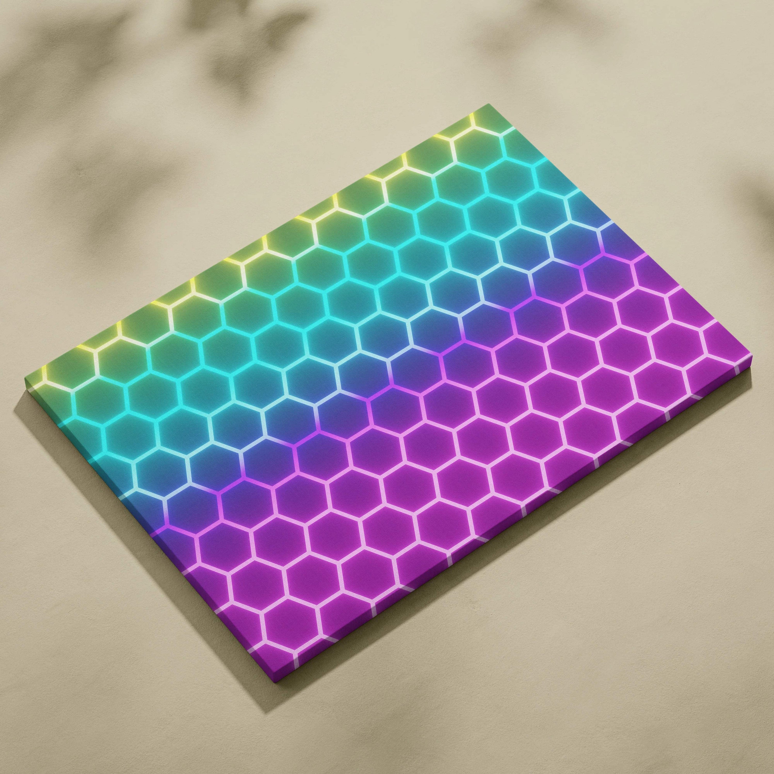Vibrant neon hexagon honeycomb canvas wall art in glowing cyan blue purple pink gradient