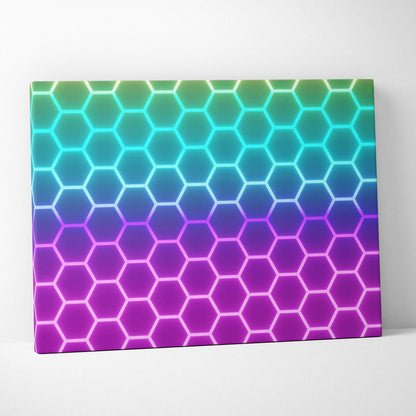 Neon hexagon honeycomb canvas wall art in glowing cyan blue purple pink gradient