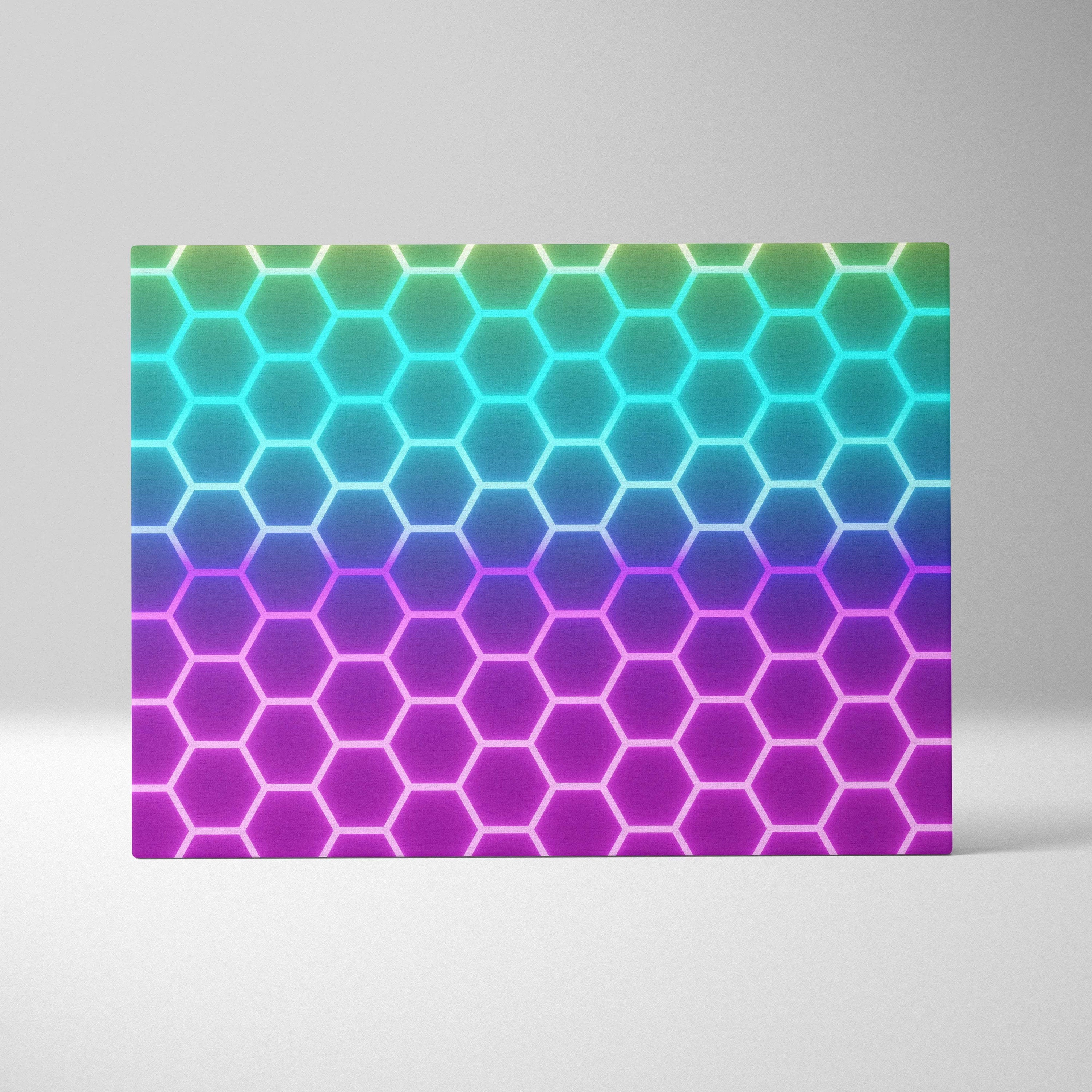 Neon hexagon honeycomb canvas wall art in glowing cyan blue purple pink gradient