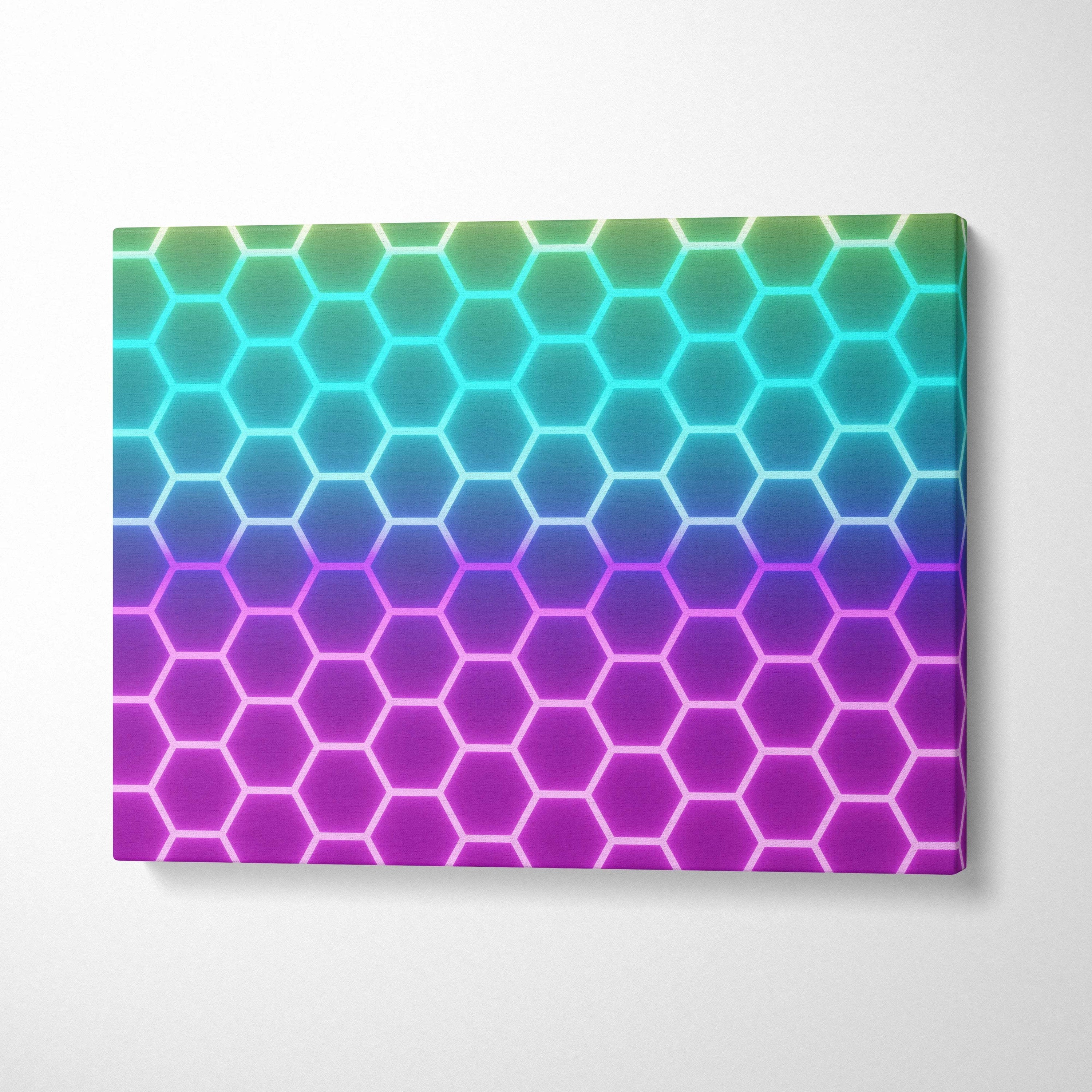 Neon hexagon honeycomb canvas wall art in glowing cyan blue purple pink gradient
