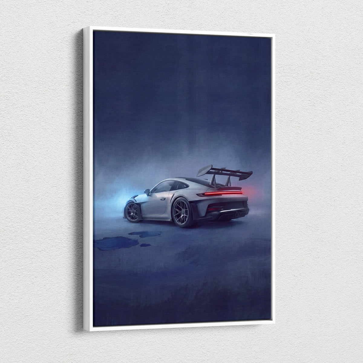 Silver porsche 911 gt3 rs canvas art showing rear three quarter view with glowing taillights and blue smoke effects