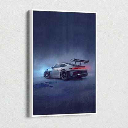 Silver porsche 911 gt3 rs canvas art showing rear three quarter view with glowing taillights and blue smoke effects
