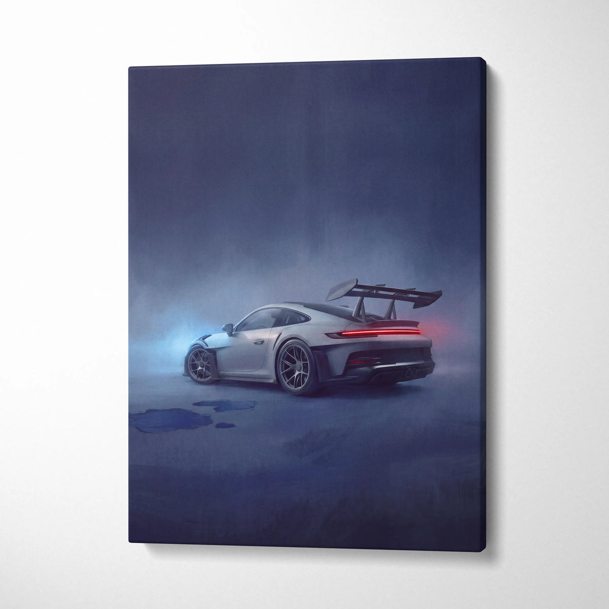 Silver porsche 911 gt3 canvas art featuring glowing red taillights and a prominent rear spoiler for wall decor
