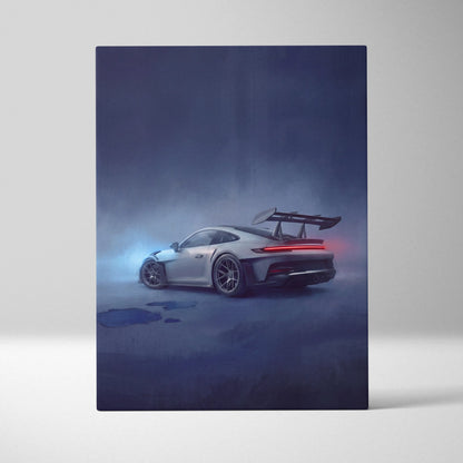 Silver porsche 911 gt3 racing car canvas art with glowing red taillights and rear wing in misty automotive decor