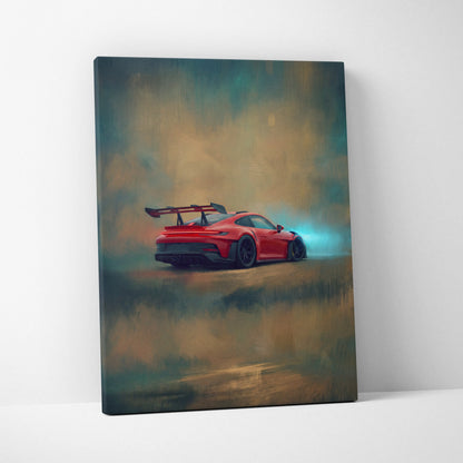Red Porsche 911 GT3 RS sports car canvas print featuring a dramatic rear spoiler and glowing blue exhaust effect