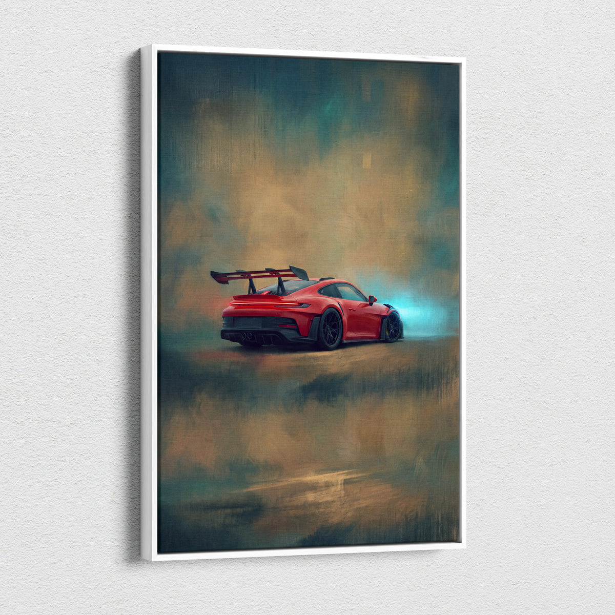 Red porsche 911 gt3 rs sports car wall art canvas painting print with dramatic lighting and motion blur effect