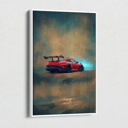 Red porsche 911 gt3 rs sports car wall art canvas painting print with dramatic lighting and motion blur effect