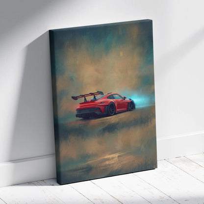 Red porsche 911 gt3 rs inspired sports car wall art canvas print showing dynamic rear view with blue exhaust glow