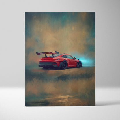 Porsche 911 GT3 RS inspired canvas painting print featuring a vibrant red sports car with black racing stripes and rear wing