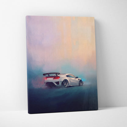A white Acura nsx inspired sports car with black rear spoiler and red taillights on luxury canvas wall art