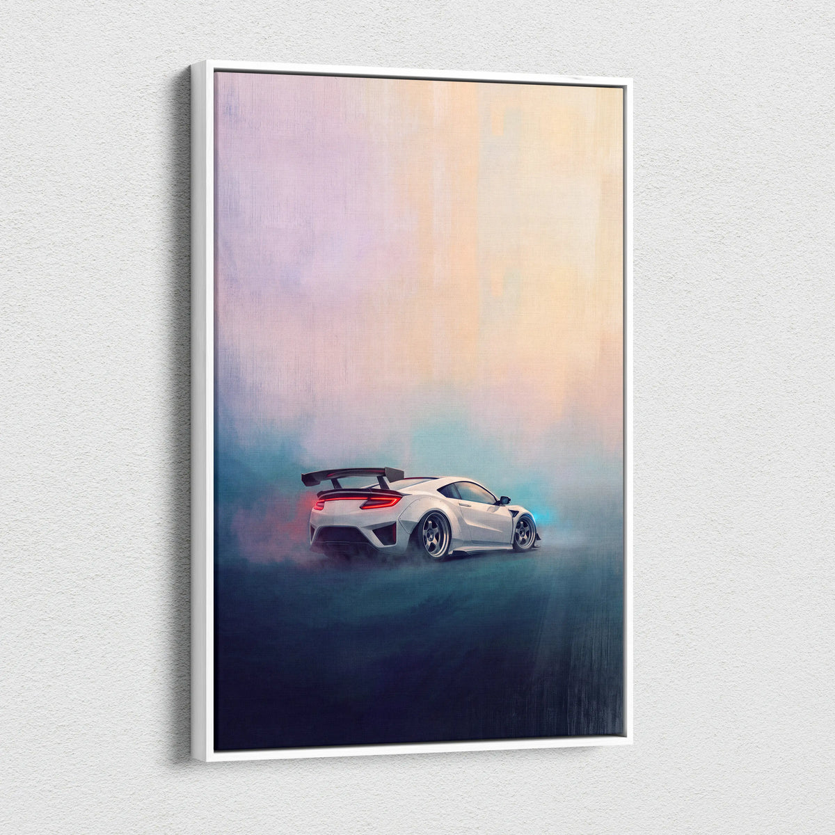 White framed canvas print of acura nsx inspired white sports car drifting through misty gradient skies wall art