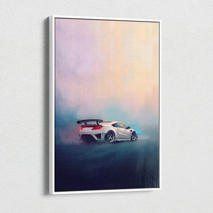 White framed canvas print of acura nsx inspired white sports car drifting through misty gradient skies wall art