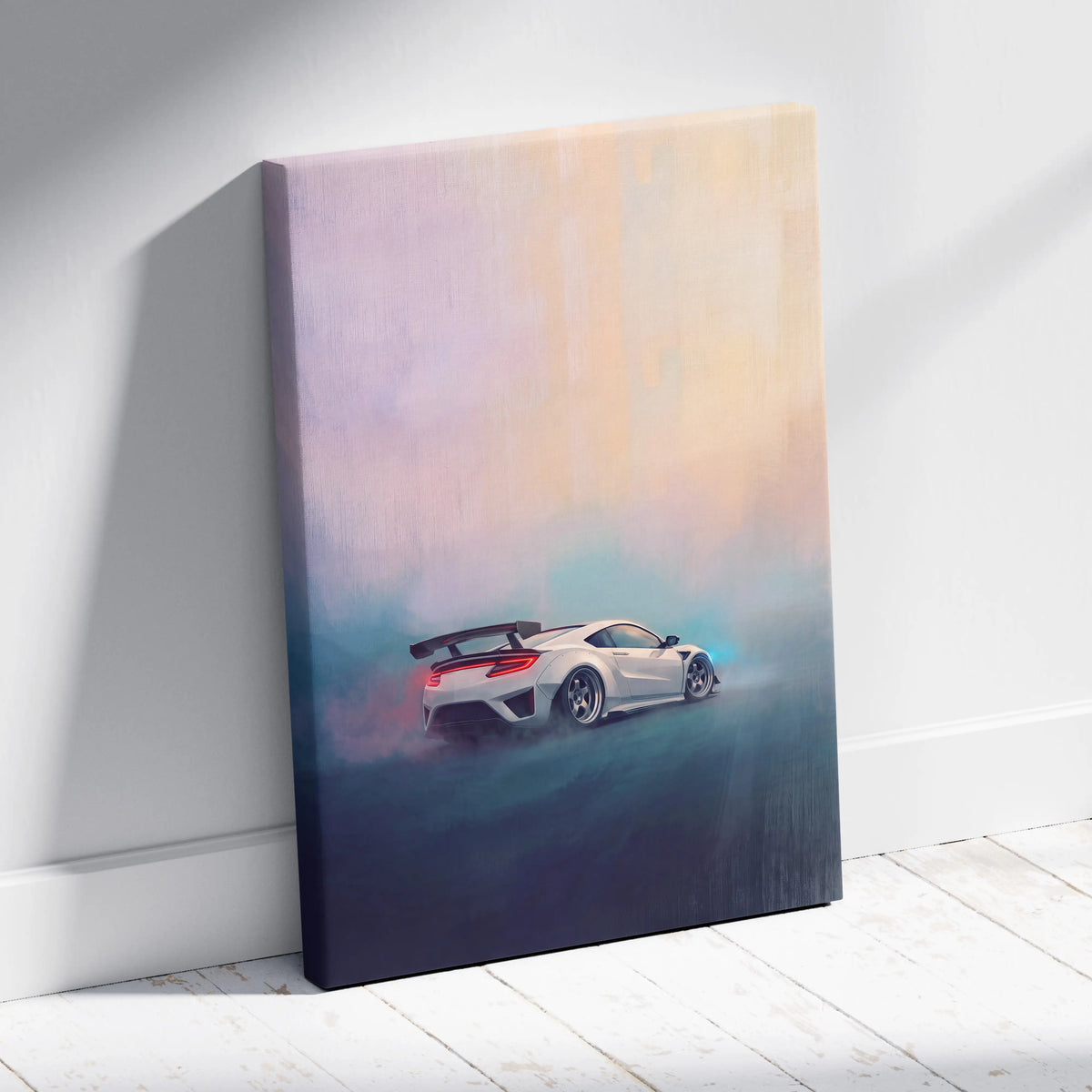 Acura NSX inspired automotive wall art featuring a white sports car with black spoiler on abstract canvas print