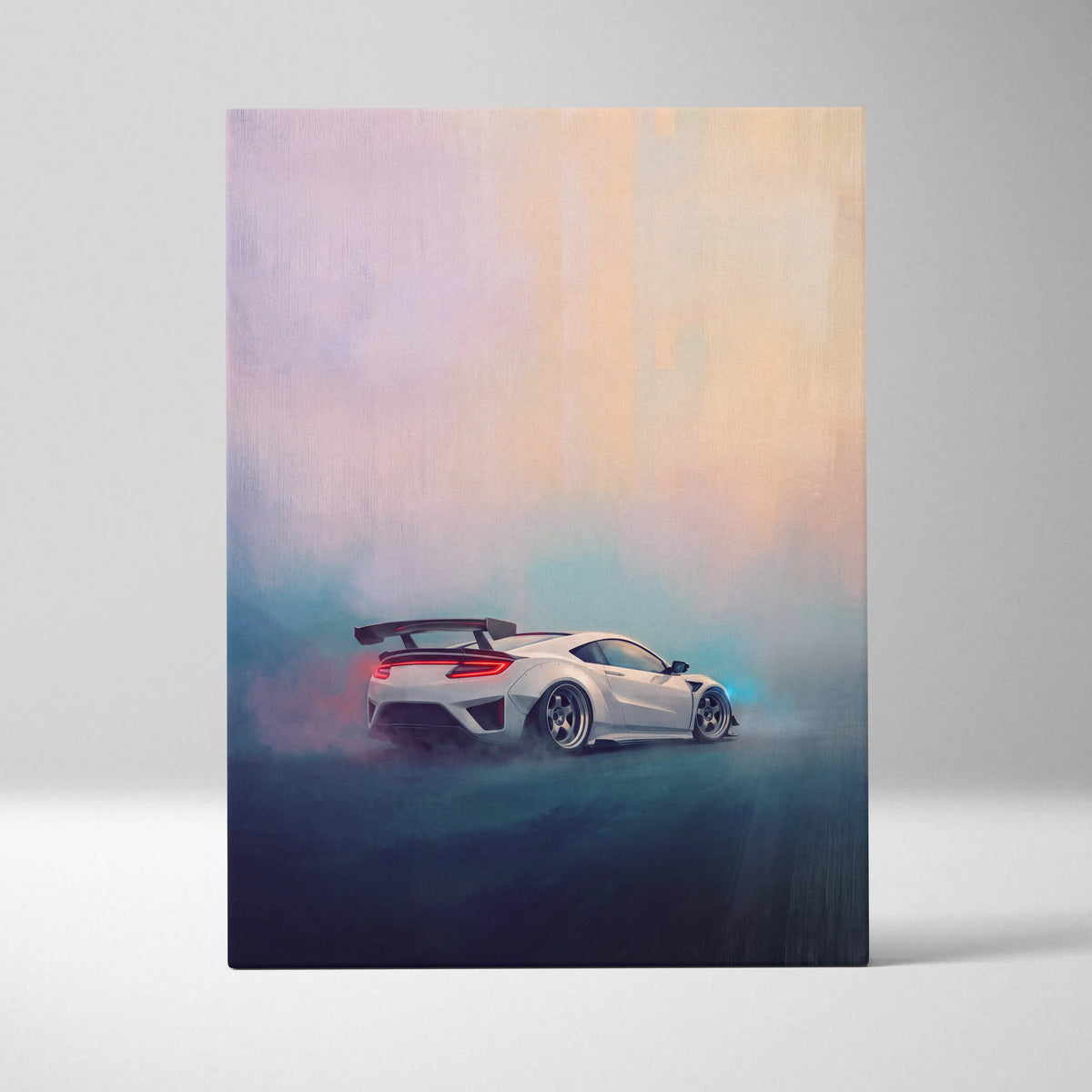 White acura nsx sports car in dynamic drift pose on luxury supercar canvas print wall art with dreamy gradient sky