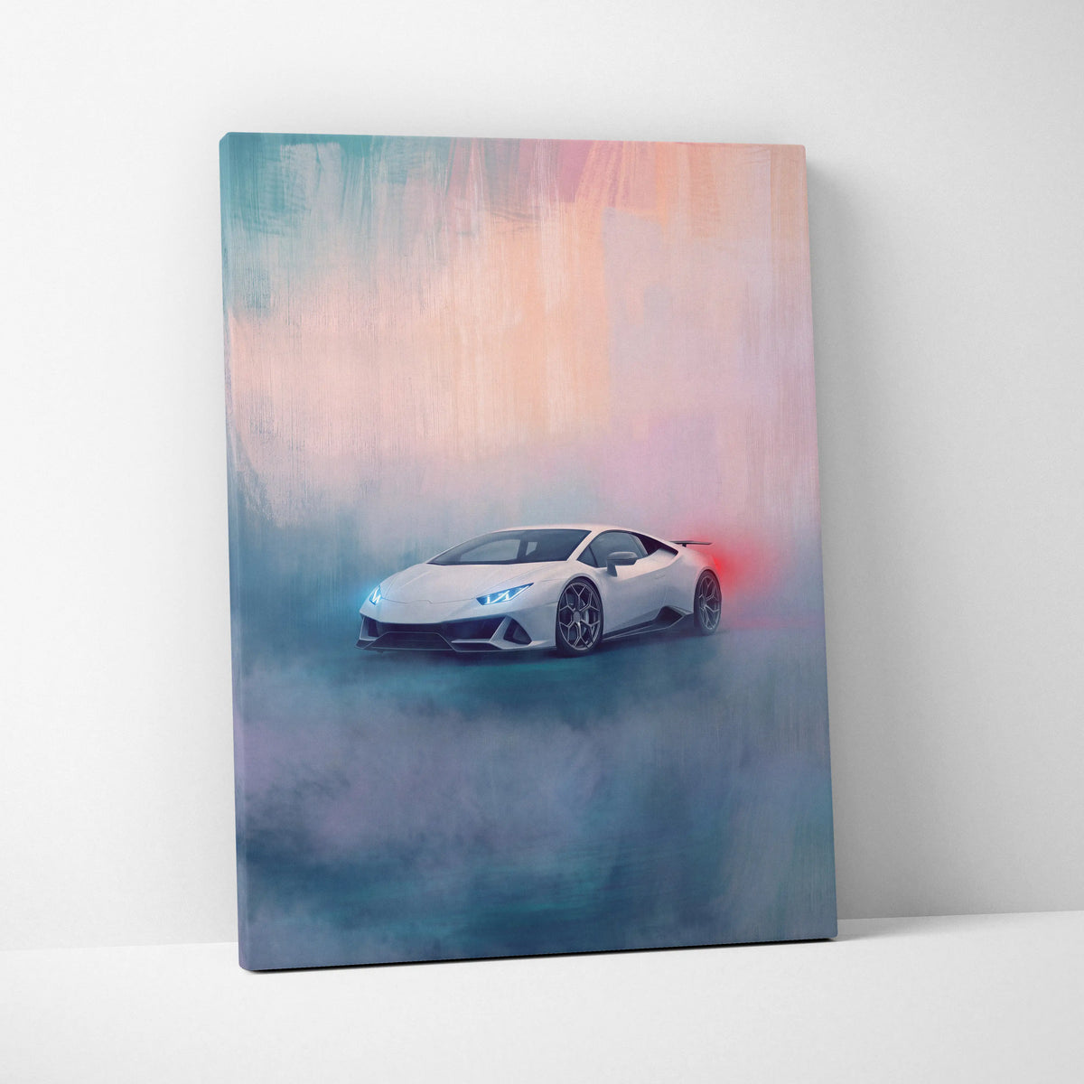 Lamborghini huracán evo inspired supercar canvas art featuring white sports car with glowing blue headlights and red smoke