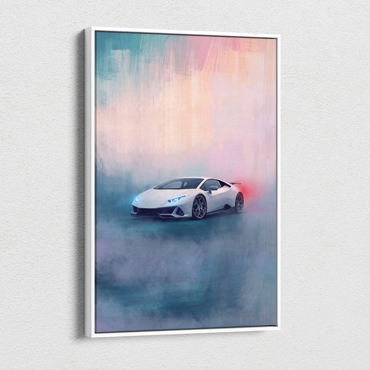 Lamborghini Huracán Evo inspired supercar canvas art featuring a white sports car with pastel gradients and misty effects