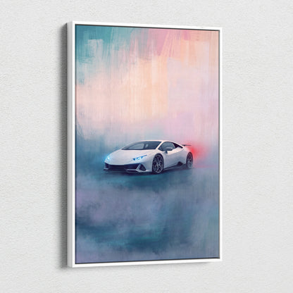 Lamborghini Huracán Evo inspired supercar canvas art featuring a white sports car with pastel gradients and misty effects