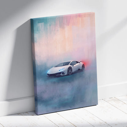 White Lamborghini huracán Evo inspired sports car canvas art with swirling pastel pink and teal abstract background