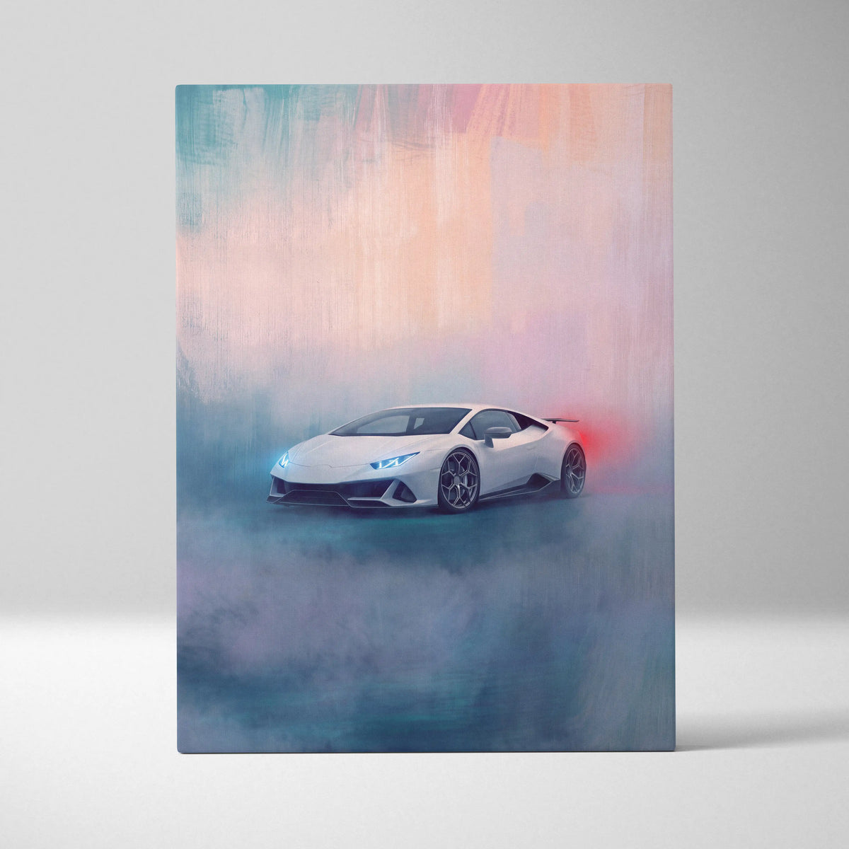 White Lamborghini Huracán Evo inspired supercar canvas art with smoky design blue headlights and red exhaust smoke print