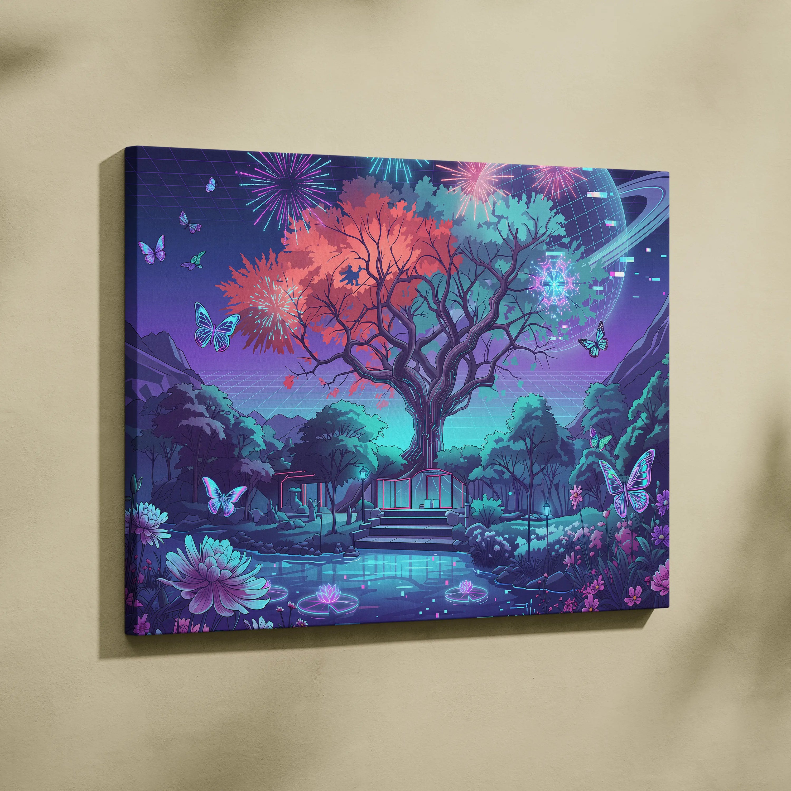 Neon Vaporwave Landscape Canvas - Vaporwave Landscape Neon Sunset Purple Blue Pink Living Room Decor Retro Futurist