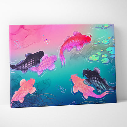 Pastel Neon Koi Vaporwave Canvas - Koi Pastel Neon Living Room Vaporwave Dreamy Mood Modern Decor Japanese Art Canvas