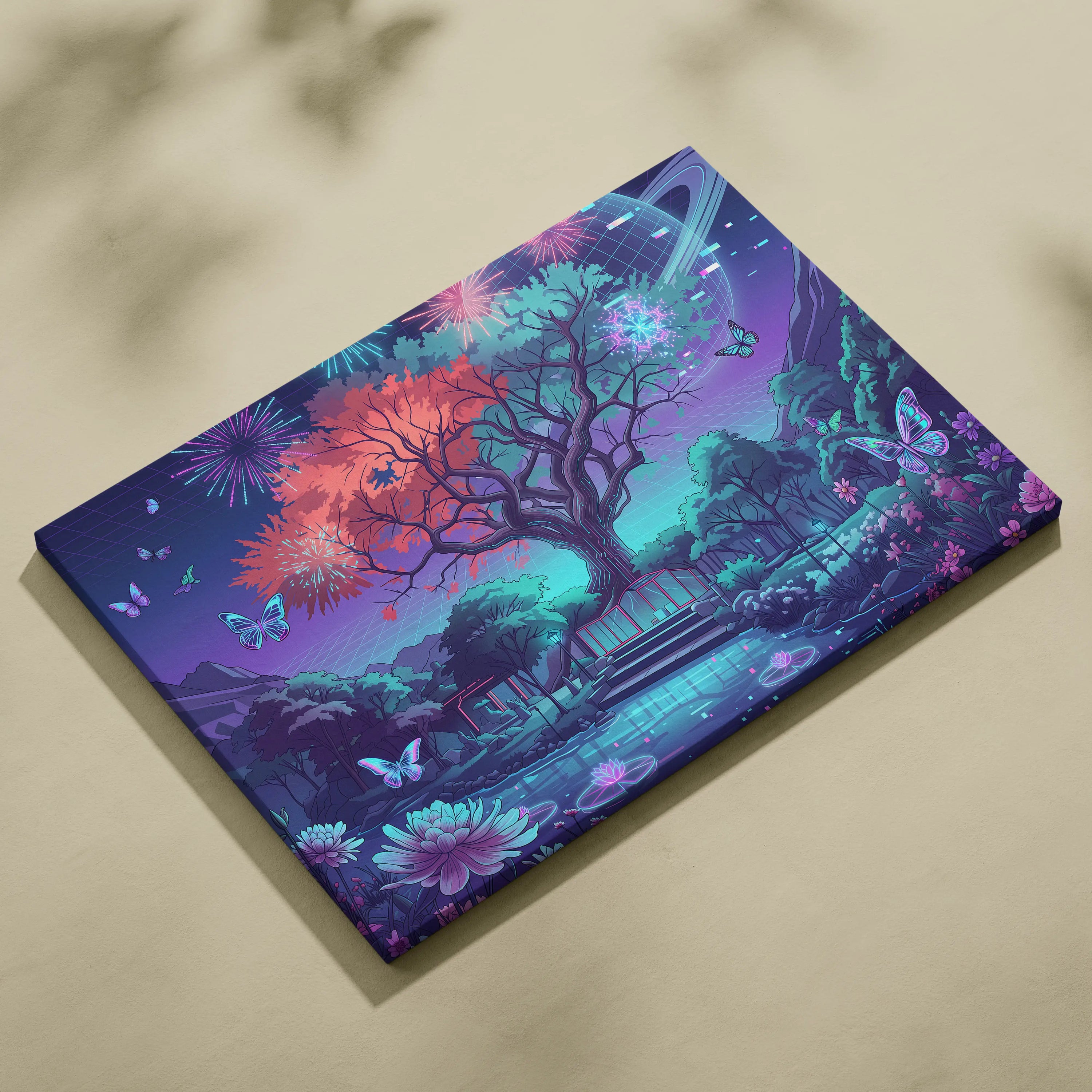 Neon Vaporwave Landscape Canvas - Vaporwave Landscape Neon Sunset Purple Blue Pink Living Room Decor Retro Futurist