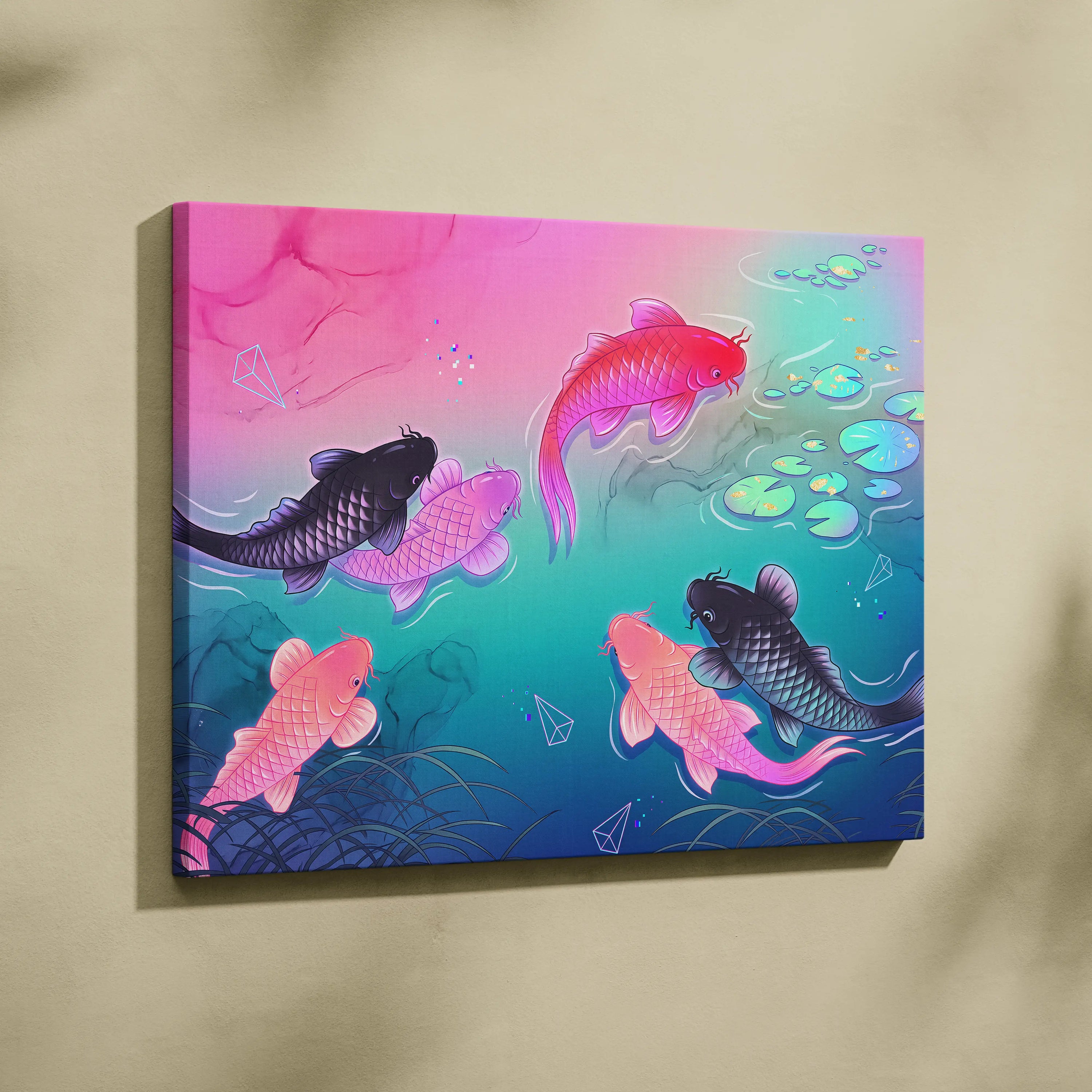 Pastel Neon Koi Vaporwave Canvas - Koi Pastel Neon Living Room Vaporwave Dreamy Mood Modern Decor Japanese Art Canvas