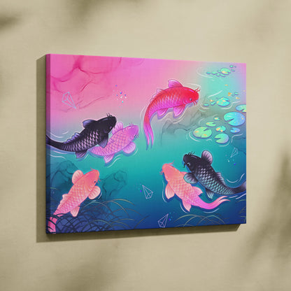 Pastel Neon Koi Vaporwave Canvas - Koi Pastel Neon Living Room Vaporwave Dreamy Mood Modern Decor Japanese Art Canvas