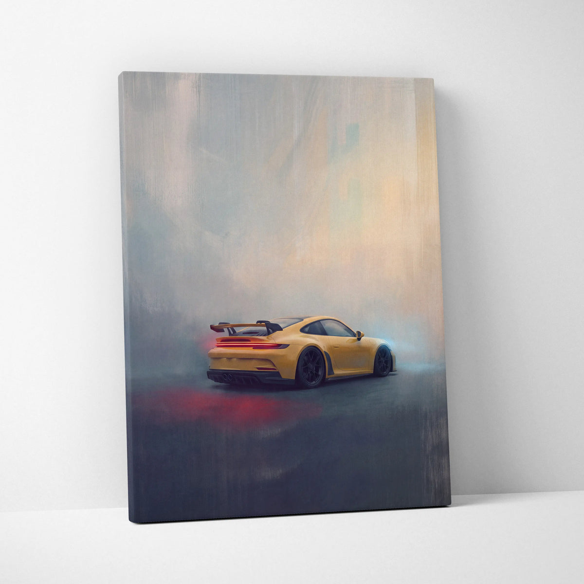 Yellow porsche 911 gt3 rs sports car rear three-quarter view on misty abstract canvas premium automotive wall decor