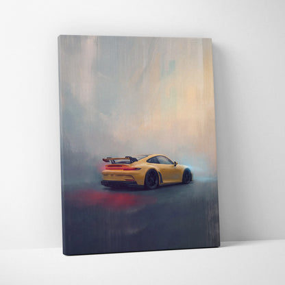 Yellow porsche 911 gt3 rs sports car rear three-quarter view on misty abstract canvas premium automotive wall decor