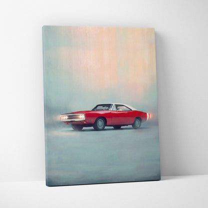 Red and white dodge charger inspired classic american muscle car painting on canvas for wall art display