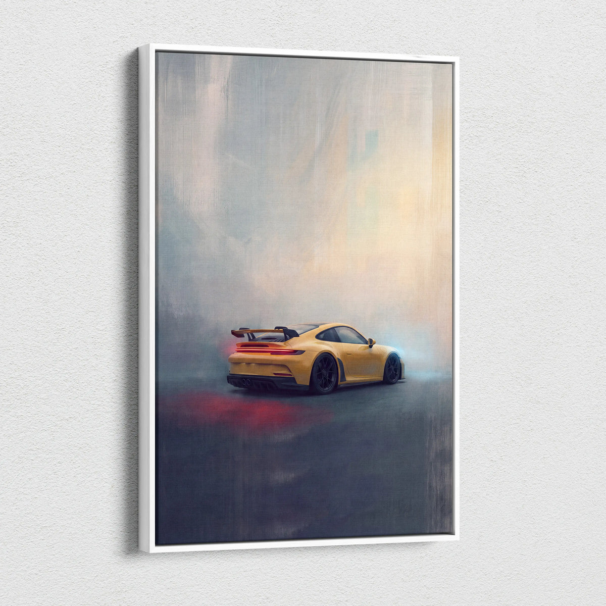 Yellow porsche 911 gt3 rs inspired sports car in dynamic painterly style on premium framed canvas wall decor
