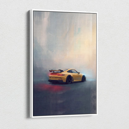Yellow porsche 911 gt3 rs inspired sports car in dynamic painterly style on premium framed canvas wall decor