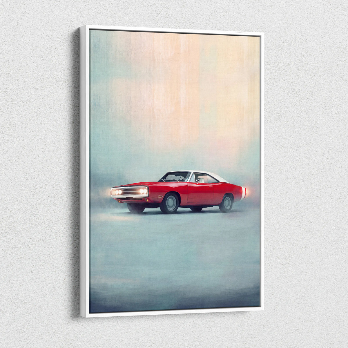 Framed canvas print of a red and white dodge charger inspired classic american muscle wall painting