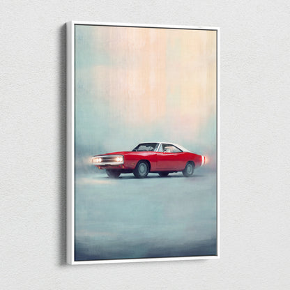 Framed canvas print of a red and white dodge charger inspired classic american muscle wall painting