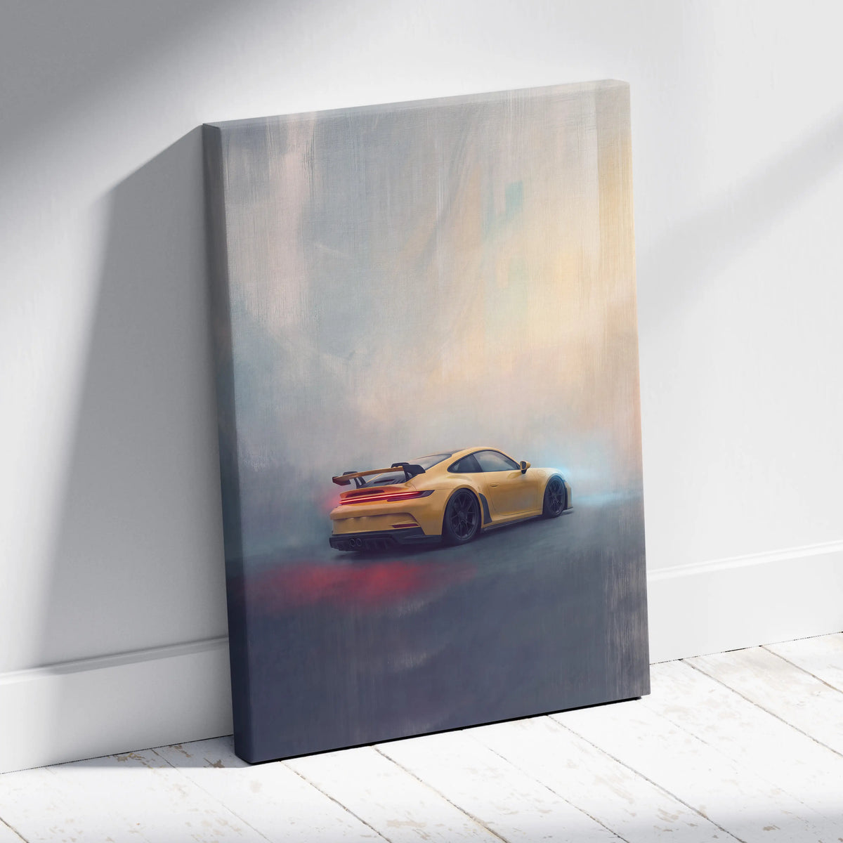Yellow porsche 911 gt3 rs sports car depicted in misty atmospheric painting on premium stretched canvas wall decor