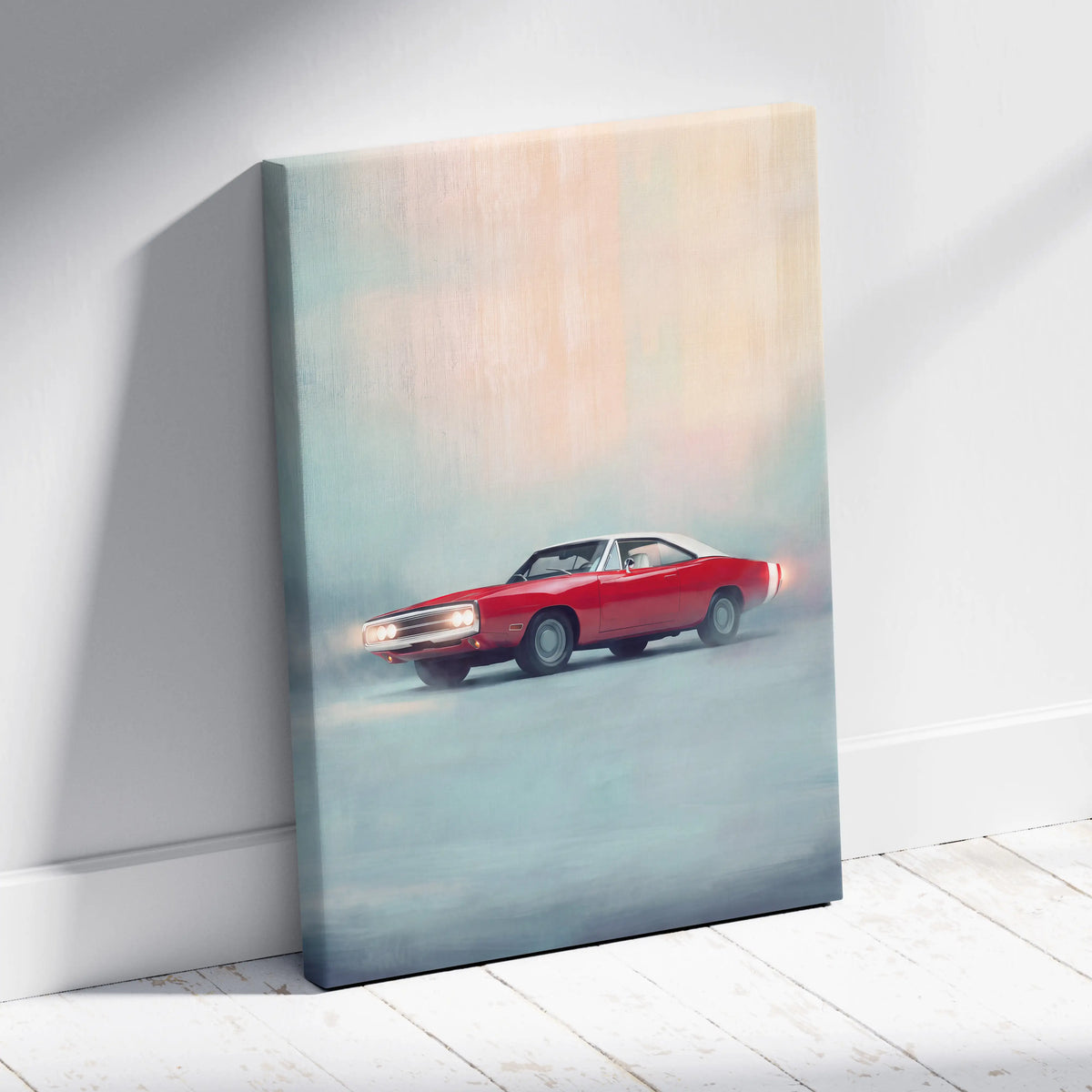 Dodge Charger inspired canvas art featuring a red classic muscle car with white roof and glowing headlights on pastel background