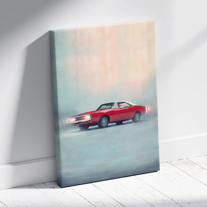 Dodge Charger inspired canvas art featuring a red classic muscle car with white roof and glowing headlights on pastel background