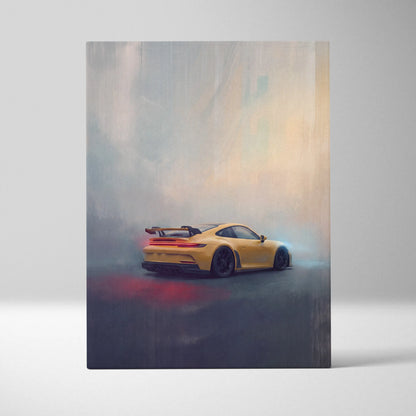 Vibrant yellow porsche 911 gt3 rs sports car in dynamic smoky art on premium canvas wall decor for automotive fans