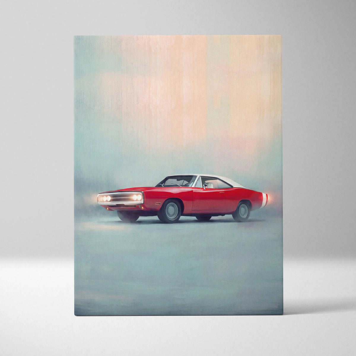 Dodge charger inspired canvas art featuring red and white classic muscle car painting for wall decor