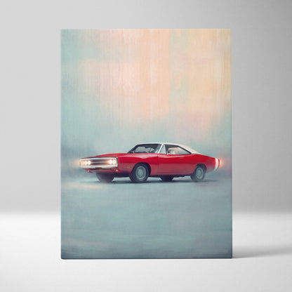Dodge charger inspired canvas art featuring red and white classic muscle car painting for wall decor