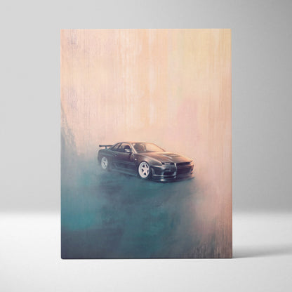Nissan Skyline GT-R R34 Inspired Canvas Art, Japanese Tuner Car Wall Painting for Garage