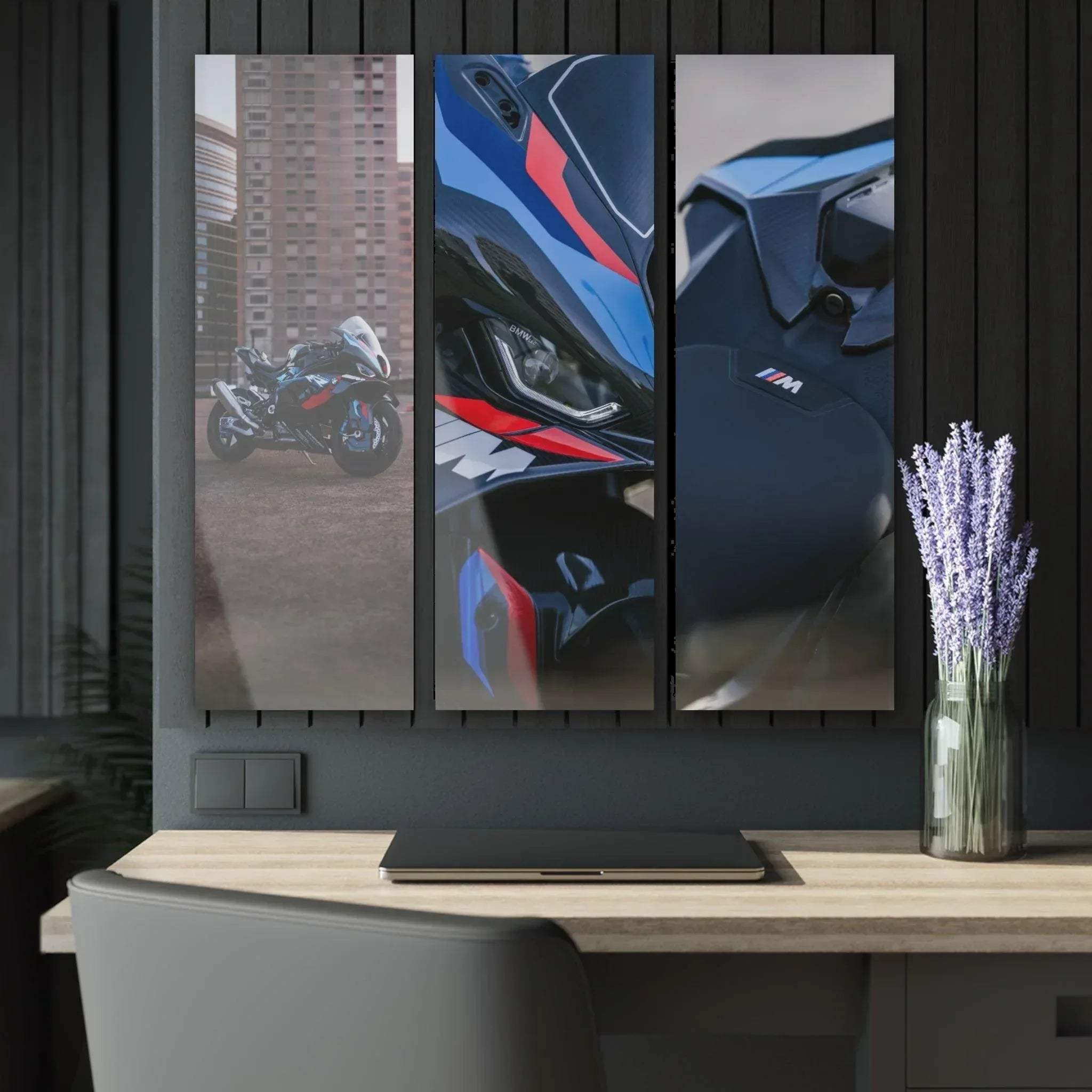 BMW M1000RR inspired 3-piece canvas wall art featuring close-up motorcycle details in blue and black tones.