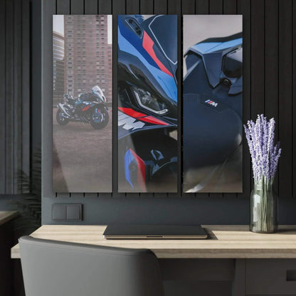 BMW M1000RR inspired 3-piece canvas wall art featuring close-up motorcycle details in blue and black tones.