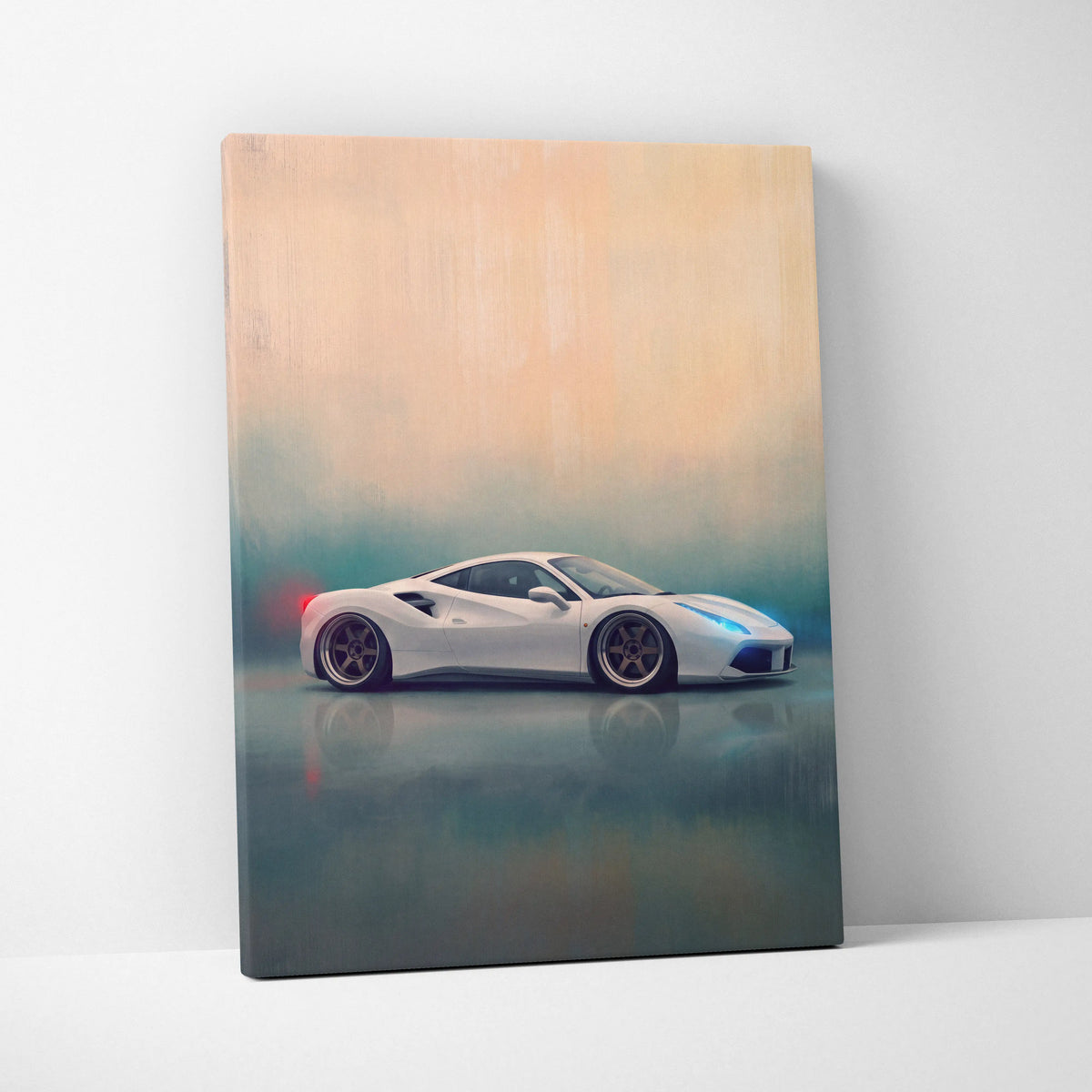 White Ferrari 488 GTB inspired canvas art with sleek design and reflective surface premium automotive wall decor