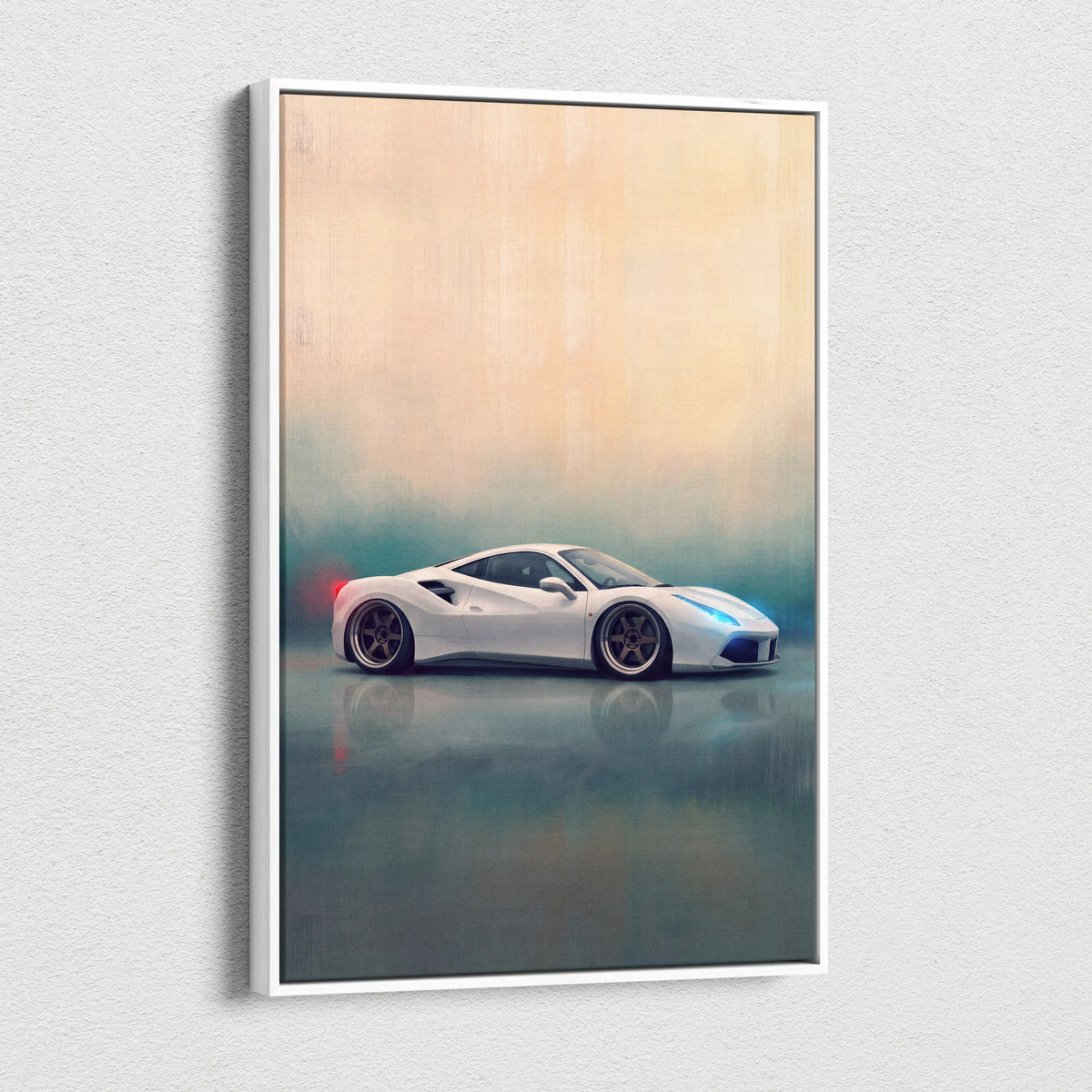 White Ferrari 488 GTB inspired canvas art featuring sleek design with blue and red accent lighting for automotive decor