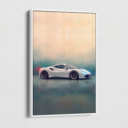 White Ferrari 488 GTB inspired canvas art featuring sleek design with blue and red accent lighting for automotive decor