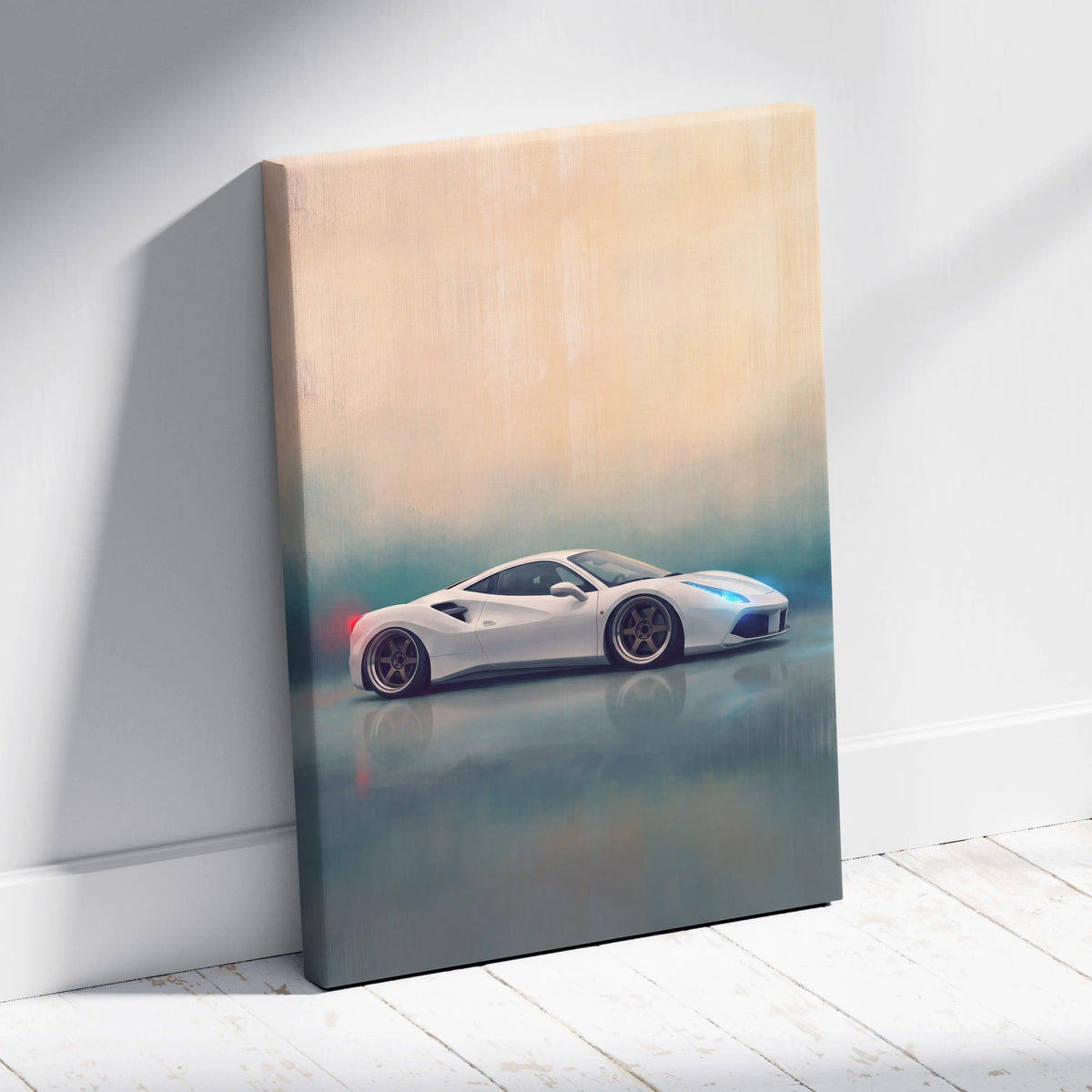 Ferrari 488 GTB inspired canvas art featuring a white glossy finish with blue lighting accents for wall decor
